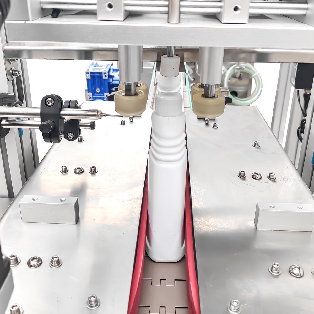 Double track filling top cap screw cap aluminum foil sealing line