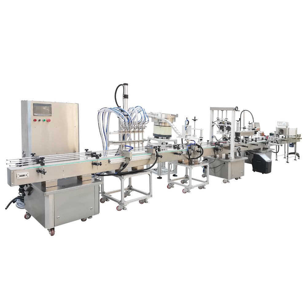 Filling, capping, labeling, heat shrink wire